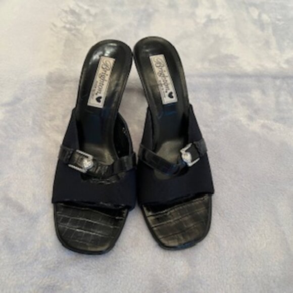 Brighton Black Croc Leather Mule Slip On Slide Sandal Mid Heel SquareToe 8 1/2 - Picture 1 of 12